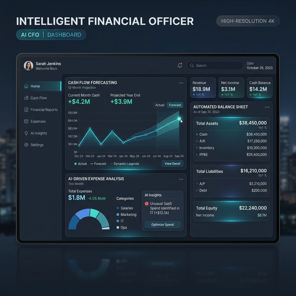AI CFO dashboard for cash flow forecasting and expense automation